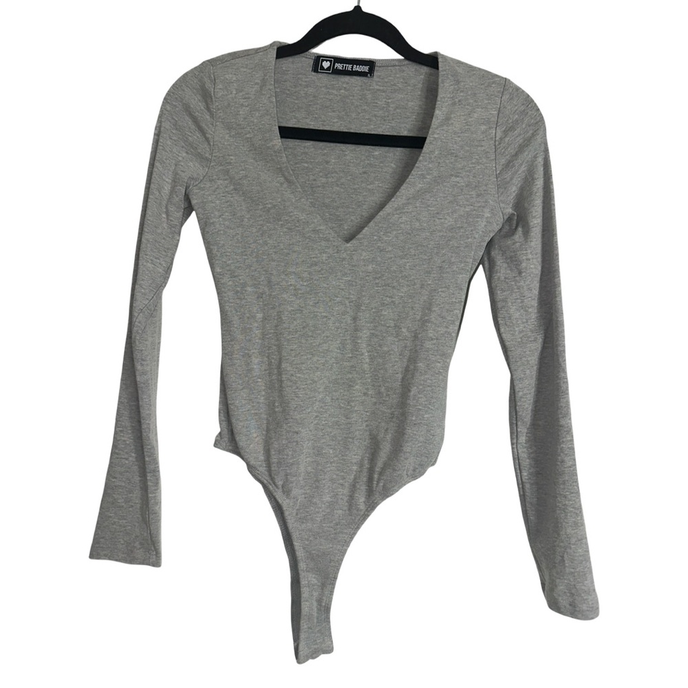 Gray V-Neck Long Sleeve Bodysuit